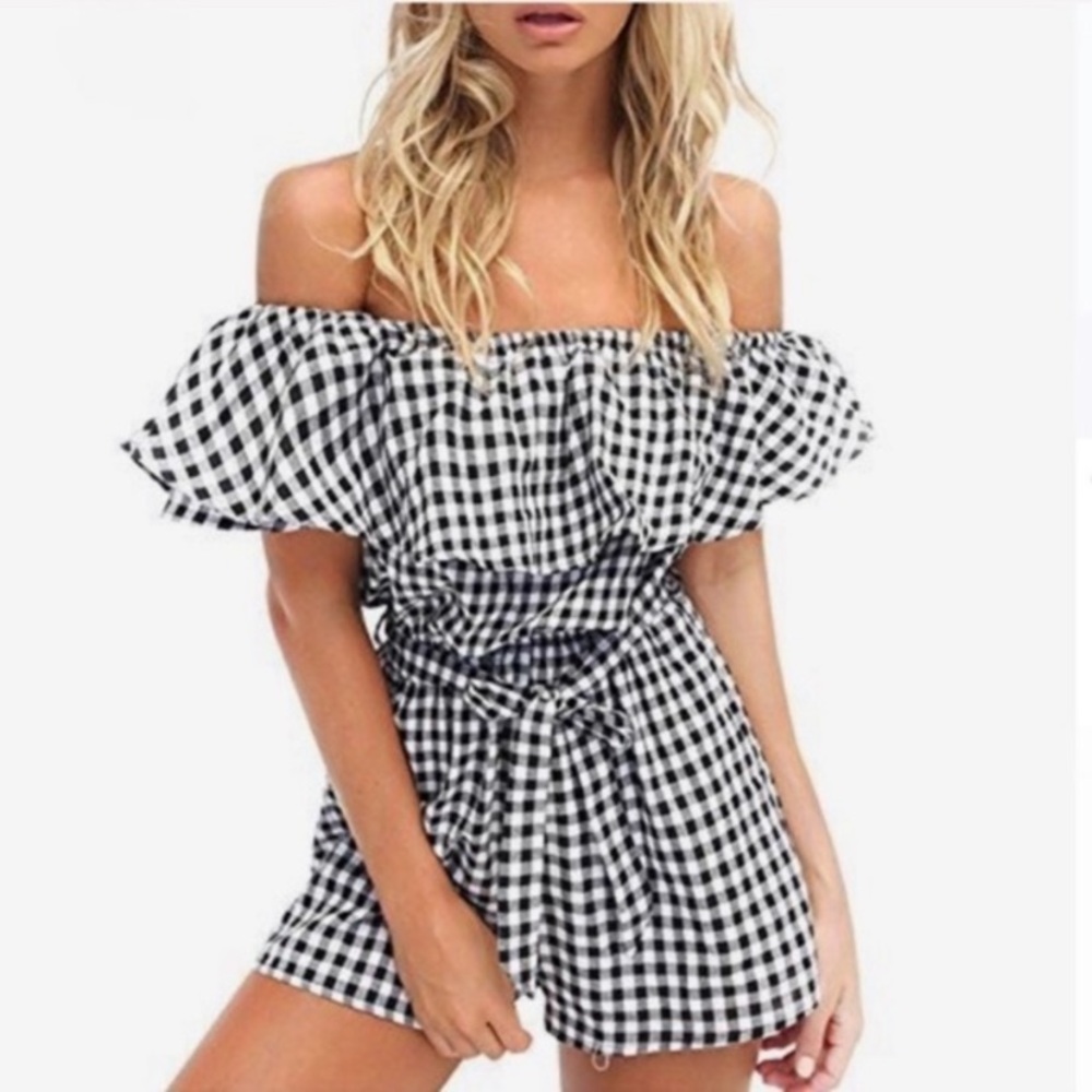 New Gingham Off Shoulder Western Boho Romper Dress